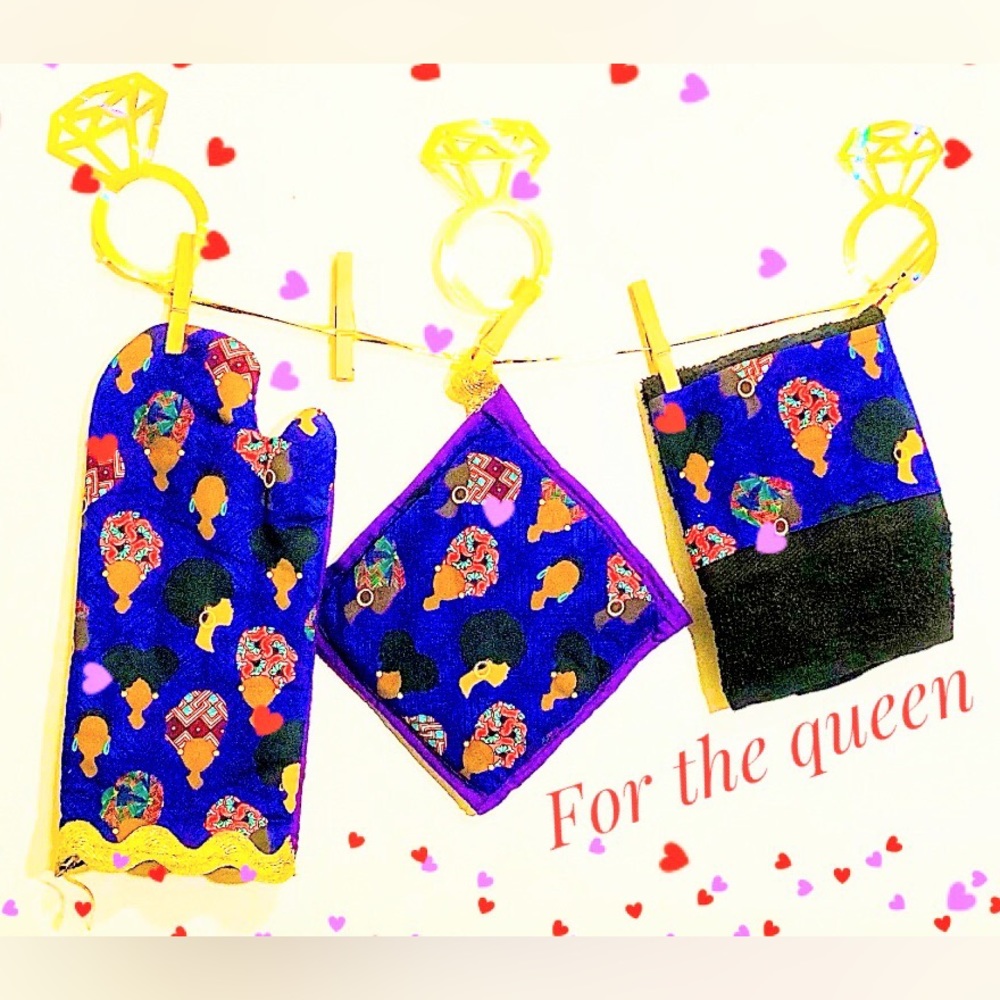 African American oven mitt set with dish towel bamboo spoon and cookie sheet